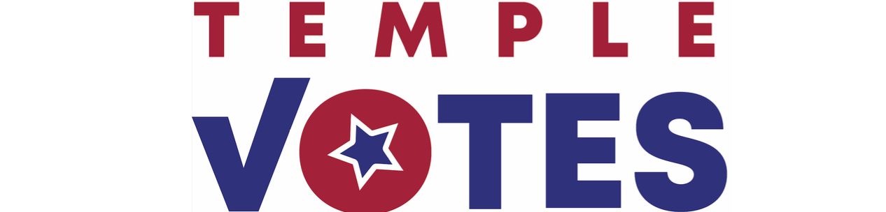 Words Temple Votes in the colors red and blue with a star in the middle of the letter o of votes